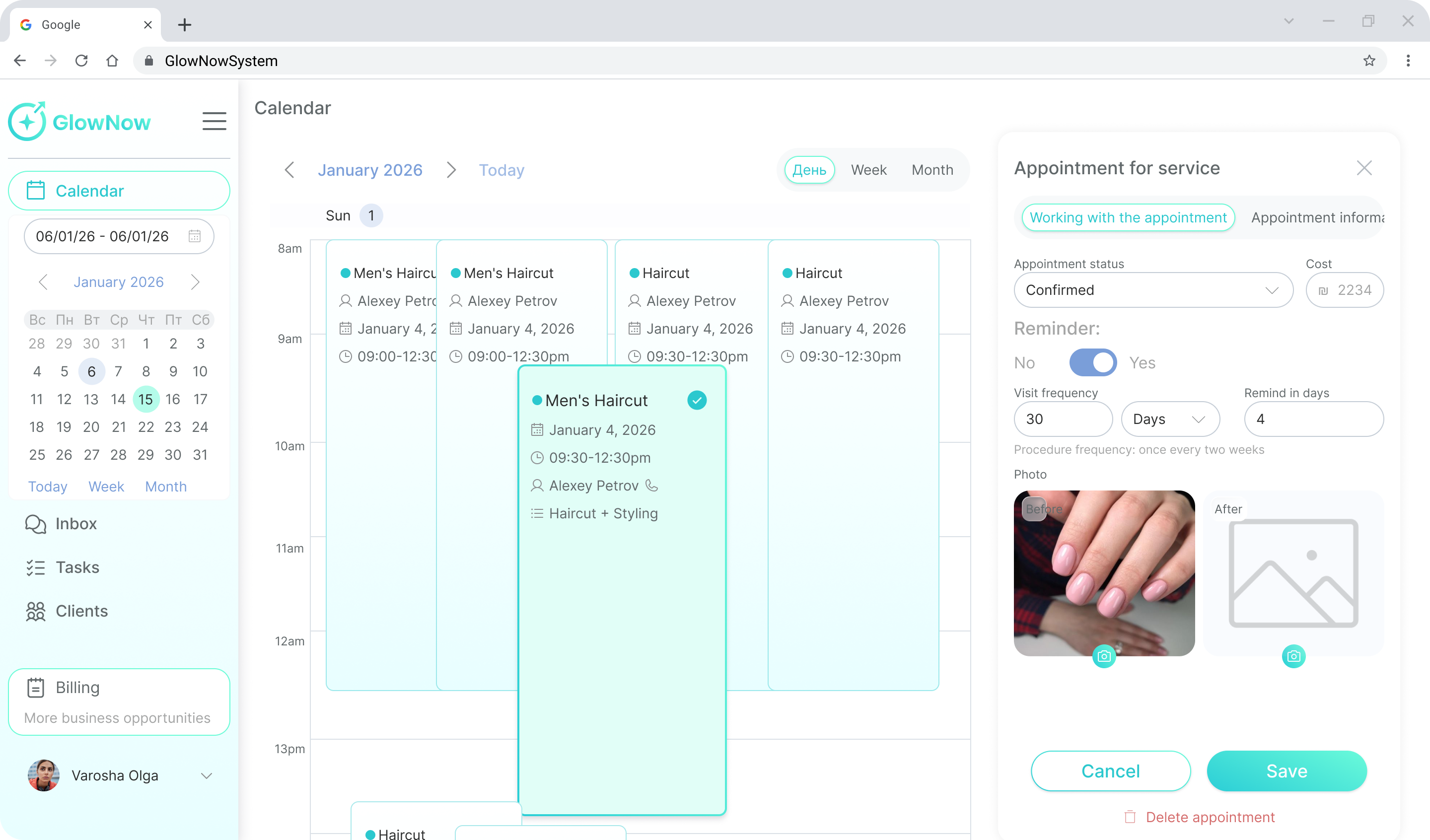 Интерфейс GlowNow CRM: календарь записей и карточка клиента